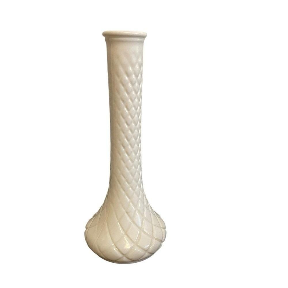 Hoosier Glass White Milk Glass Bud Vase Diamond Quilted Pattern 9 Inch